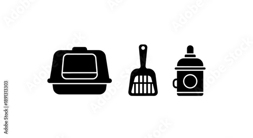 Black icons of cat litter box scoop and spray bottle on white background for pet care and cleaning