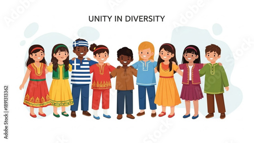 Diverse group of people standing together in unity and harmony with arms around each other