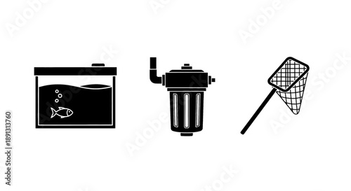 Aquarium equipment icons: fish tank, filter, and net on white background