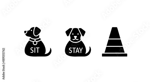 Cute dog silhouettes with training commands and cone, illustrating obedience and learning