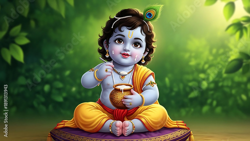 Baby krishna sitting on cushion with butter pot