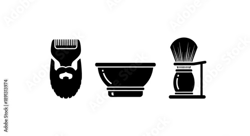 Barber tools and shaving kit with brush bowl and electric trimmer on white background for grooming