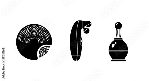 Three black and white illustrations of abstract shapes and objects on a white background