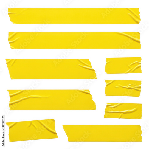 Collection of yellow tape strips in various sizes and shapes isolated on transparent background
