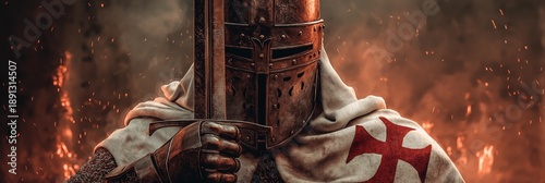 Crusader Knight standing in battle holding sword. Crusader knight in weathered armor holding a sword against a fiery battlefield