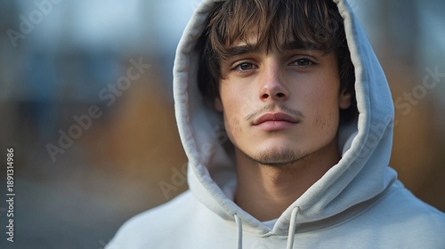 Close-up portrait of a young man with brown hair, wearing a light grey hoodie.  His expression is serious and contemplative