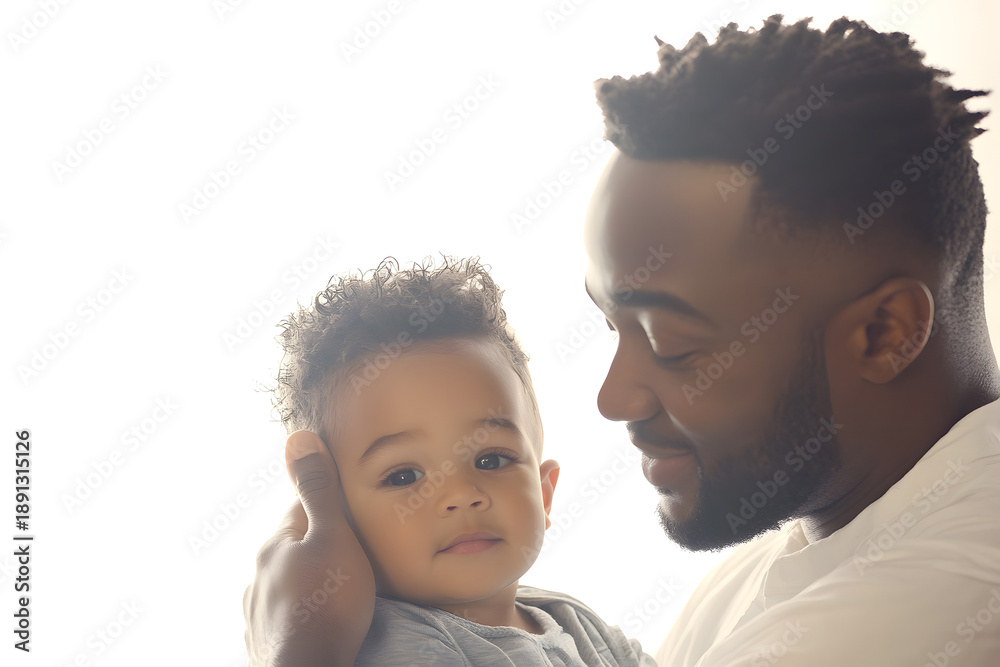 Obraz premium Black Father Holding Toddler Son Tender Portrait with Soft Lighting