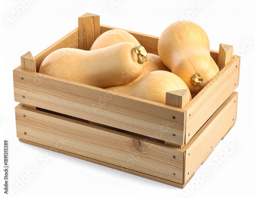 Konstfotografi Holzkiste mit frischen Butternusskürbisse auf weißem Hintergrund