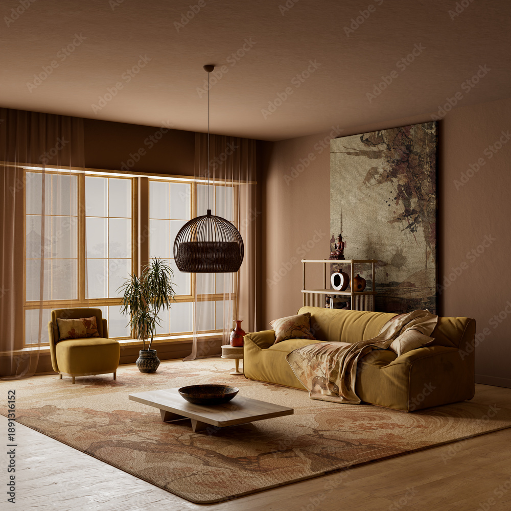 Fototapeta premium Wide angle japandi living room interior with negative space, earthy tones and warm moody lighting for spacious modern luxury design. 3D illustration