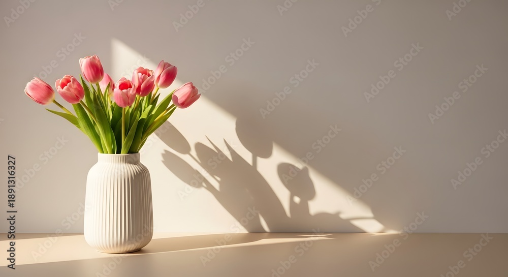 Fototapeta premium Happy mothers day tulips in white vase on table with sunlight and shadows