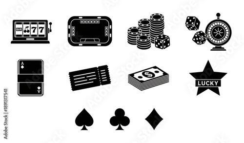 Flat Silhouette Casino Gambling Icon Pack with Slot Poker Roulette and Betting Symbols