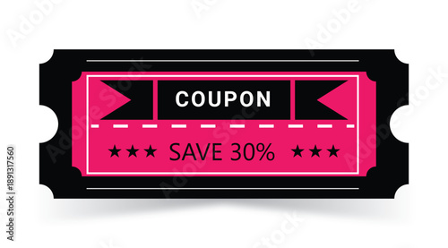 Pink Discount Coupon Ticket Save 30 Percent Vector Illustration