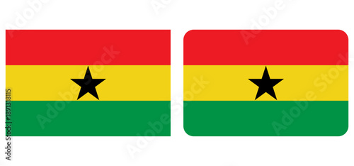The national flag of Ghana consists of a horizontal triband of red, yellow, and green with a black star. ghana flag in rectangular, heart and round shapes. Vector Illustration.