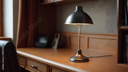 A classic dark metal desk lamp with a brass stem illuminates a polished wooden desk in a study