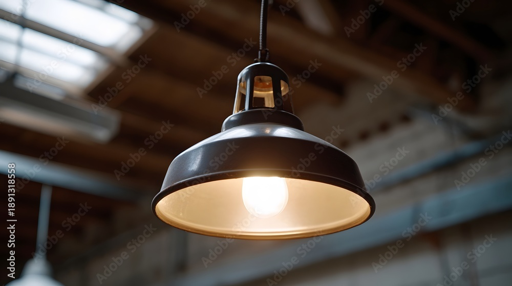 Obraz premium A vintage industrial pendant lamp with a bright light bulb hangs from the ceiling in a workshop
