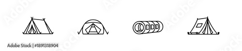 Tent icons in various styles including A-frame, dome, and bell shapes for outdoor and camping themes.