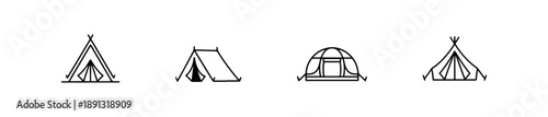 Tent icons in various styles including A-frame, dome, and bell shapes for outdoor and camping themes.