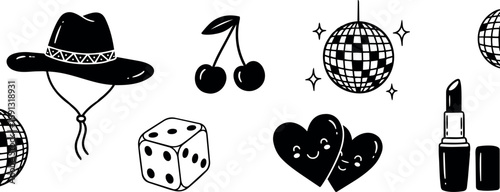 Hand drawn black and white vector icons cowboy hat dice cherries disco balls lipstick and smiling hearts minimalistic playful style decorative elements set