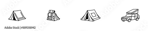 Tent icons in various styles including A-frame, dome, and bell shapes for outdoor and camping themes.