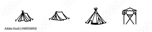 Tent icons in various styles including A-frame, dome, and bell shapes for outdoor and camping themes.