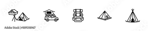 Tent icons in various styles including A-frame, dome, and bell shapes for outdoor and camping themes.