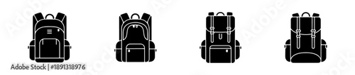 Backpack icons in various styles for hiking, school, and travel themes.