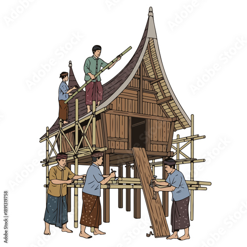 Skilled Craftsmen Collaboratively Building a Traditional Wooden Stilt House with Distinctive Roof in a Southeast Asian Village Setting