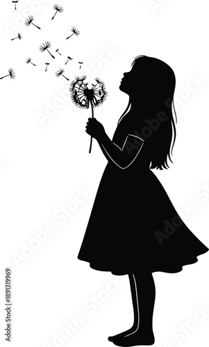 Black silhouette of little girl blowing dandelion seeds, magic childhood dream concept, small child in dress isolated on white background vector illustration.
