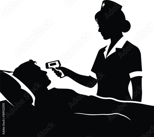 Silhouette nurse measures patient temperature with infrared thermometer illustration vector