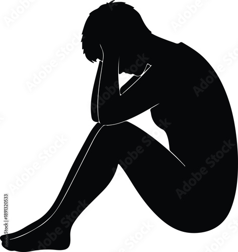Silhouette of a person sitting with head in hands in despair illustration vector