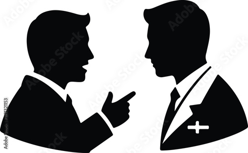 Silhouette of two businessmen having a discussion and gesturing vector illustration