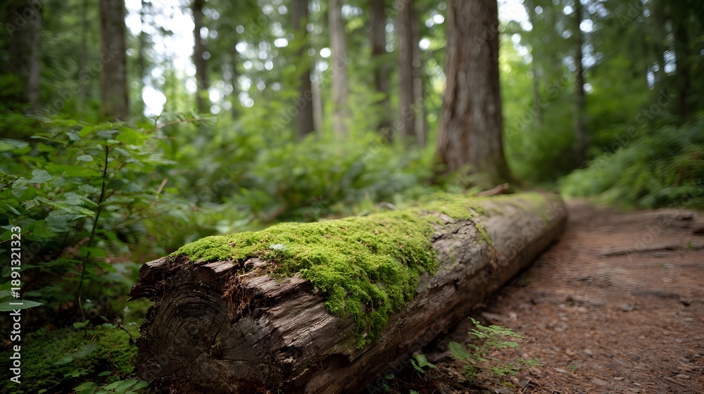 Naklejka premium A weathered fallen tree trunk draped in vibrant green moss lies beside a forest hiking trail inviting explo n of the serene natural environment