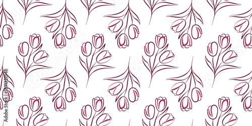 Seamless pattern with tulip flower in line art style. Ideal for textile, wallpaper, stationery, wrapping paper and spring design.