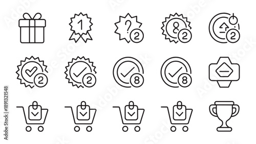 Modern E-commerce, Shopping, and Loyalty Program Line Icons Set. Collection of Outline Symbols for Online Store, Customer Rewards, Achievements, and Digital Marketing Interface.