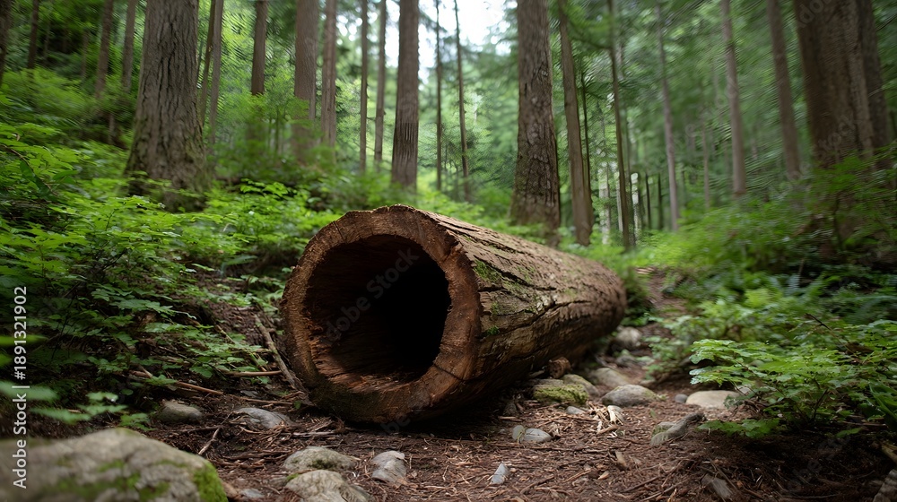 Obraz premium A hollow fallen log lies on a path in a lush green forest with tall trees