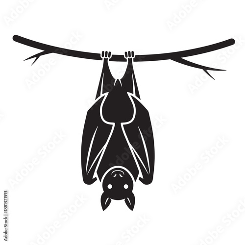 Stylized Black Bat Hanging Upside Down from a Branch - Halloween Nocturnal Animal Vector Icon