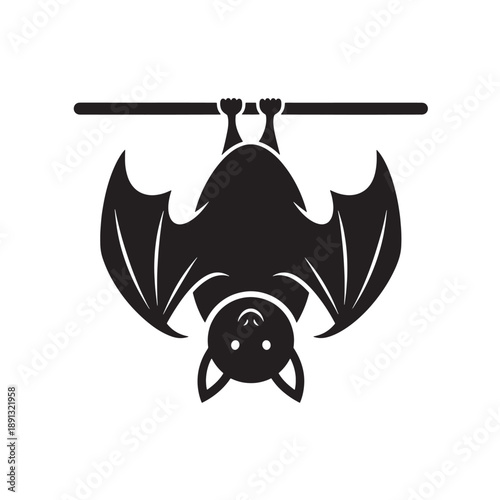 Happy Black Bat Hanging Upside Down from a Branch - Cute Cartoon Vector Icon for Halloween or Kids Design