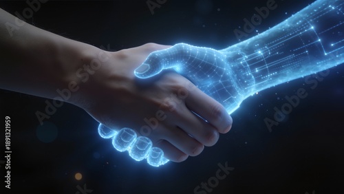 Human hand shaking with robotic hand