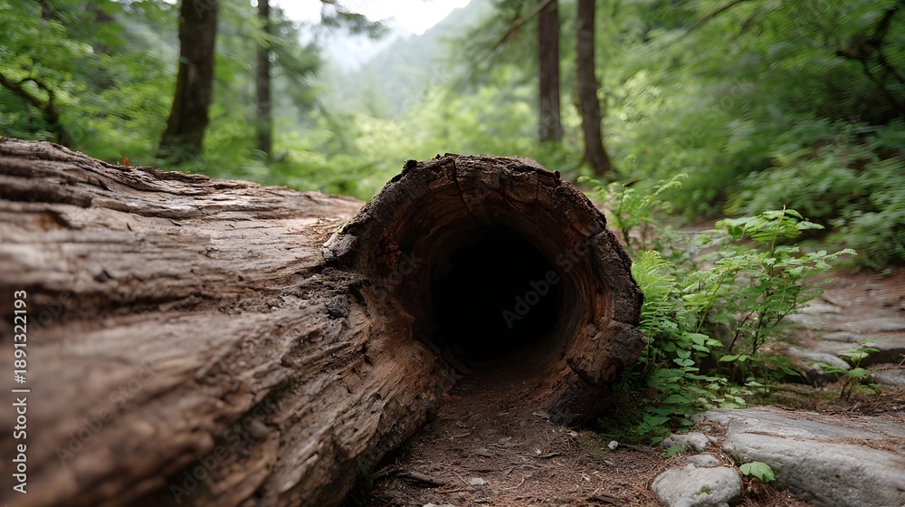 Obraz premium A weathered hollow fallen log rests on a forest path inviting explo n into its dark interior