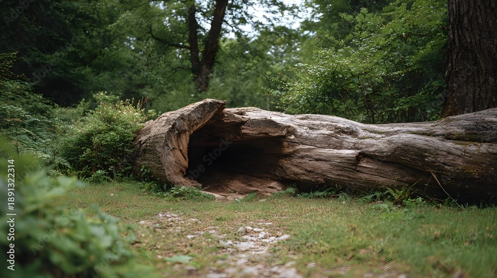 Fototapeta premium A large hollow fallen log lies on a forest path surrounded by lush greenery and trees