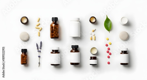 Medicine and supplements flat lay, minimalist wellness concept