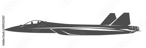 Silhouette SU-57 military aircraft design from side view. Minimalist vector illustrations su57 fighter jet in black and white color from lateral. Monochrome drawing russia fifth generation aircraft.