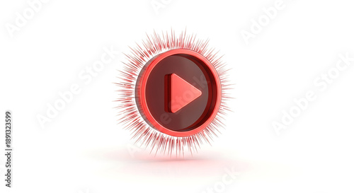 Red Glowing Video Play Button Icon with Energy Rays and Particle Effects on White