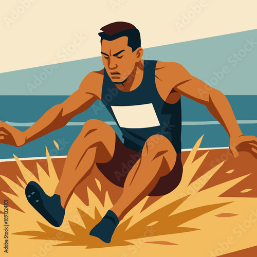 Long Jumper Landing in Sand Pit with Intense Focus.