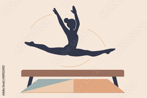 Gymnast performing a split leap on a balance beam.