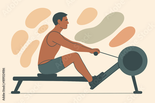 Man Exercising on Rowing Machine - A Focused Fitness Illustration.