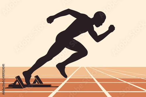 Silhouette of a sprinter launching from starting blocks on a track.