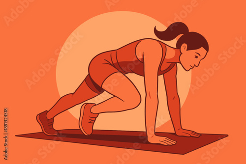 Woman Doing Mountain Climber Exercise on Yoga Mat.