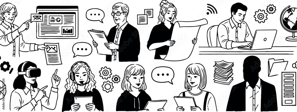 Obraz premium Minimalist vector art diverse business people working with laptops tablets virtual reality headsets and documents in office environment collaboration