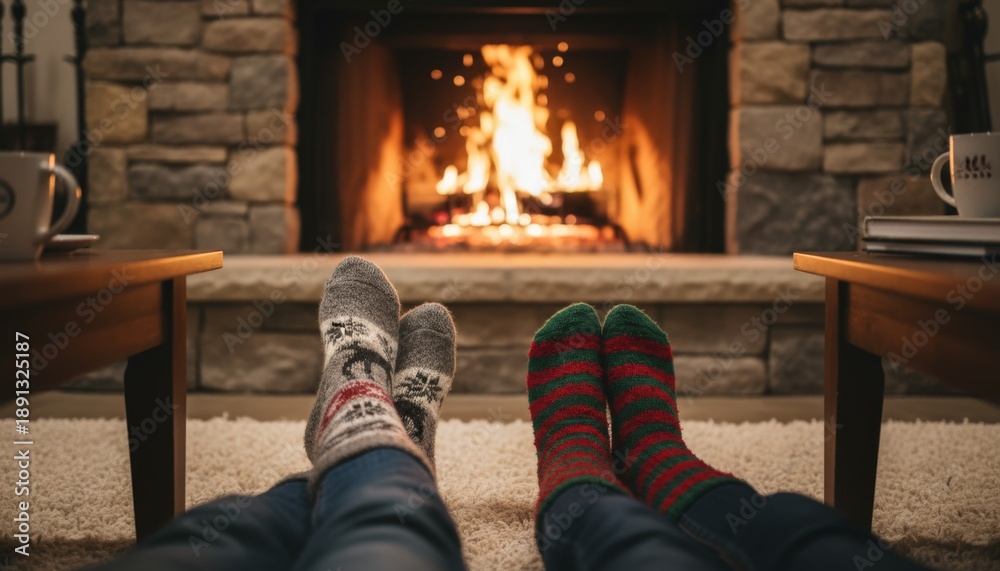 Obraz premium Legs of a couple wearing cozy patterned socks, resting on a rug with a burning log fire visible in a stone fireplace, creating a warm and relaxing atmosphere at home